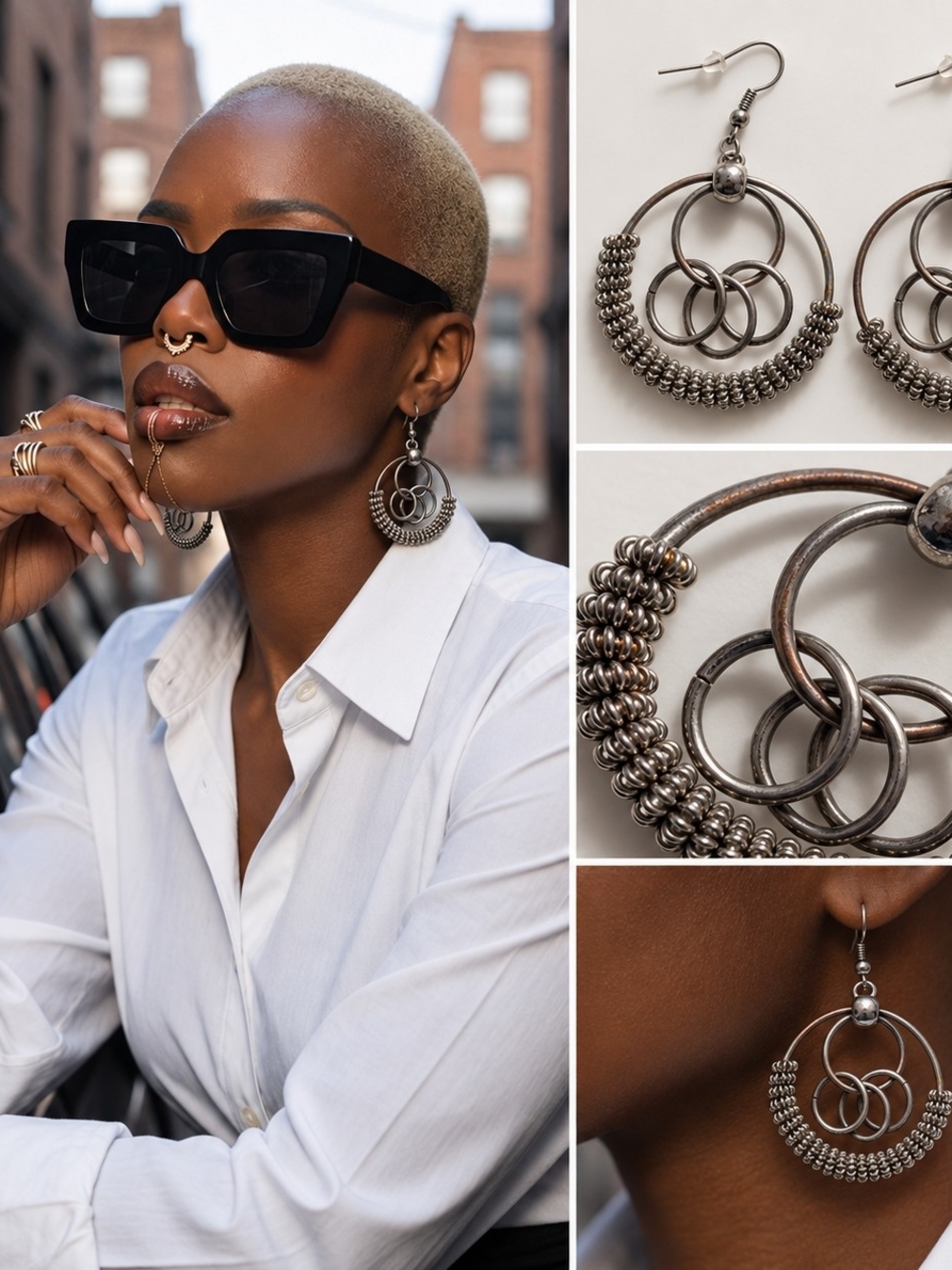 Metallic Silver Hoop Cluster Earrings by